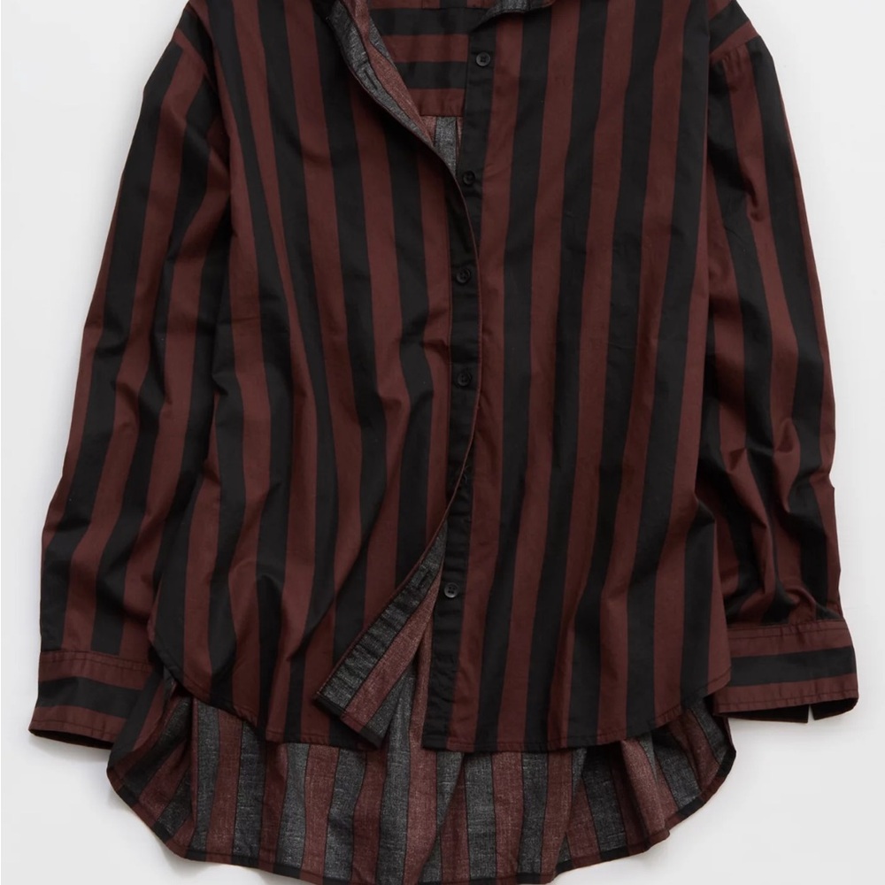 Aerie Burgundy and Black Striped Button Down Set